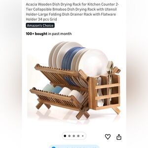 NIB Novayeah Acacia Wooden Dish Drying Rack 2 Tier Utensil Holder Collapsible